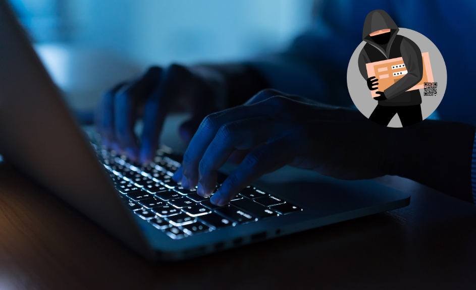 Mann som skriver på PC-tastatur samt ikon med en svindler