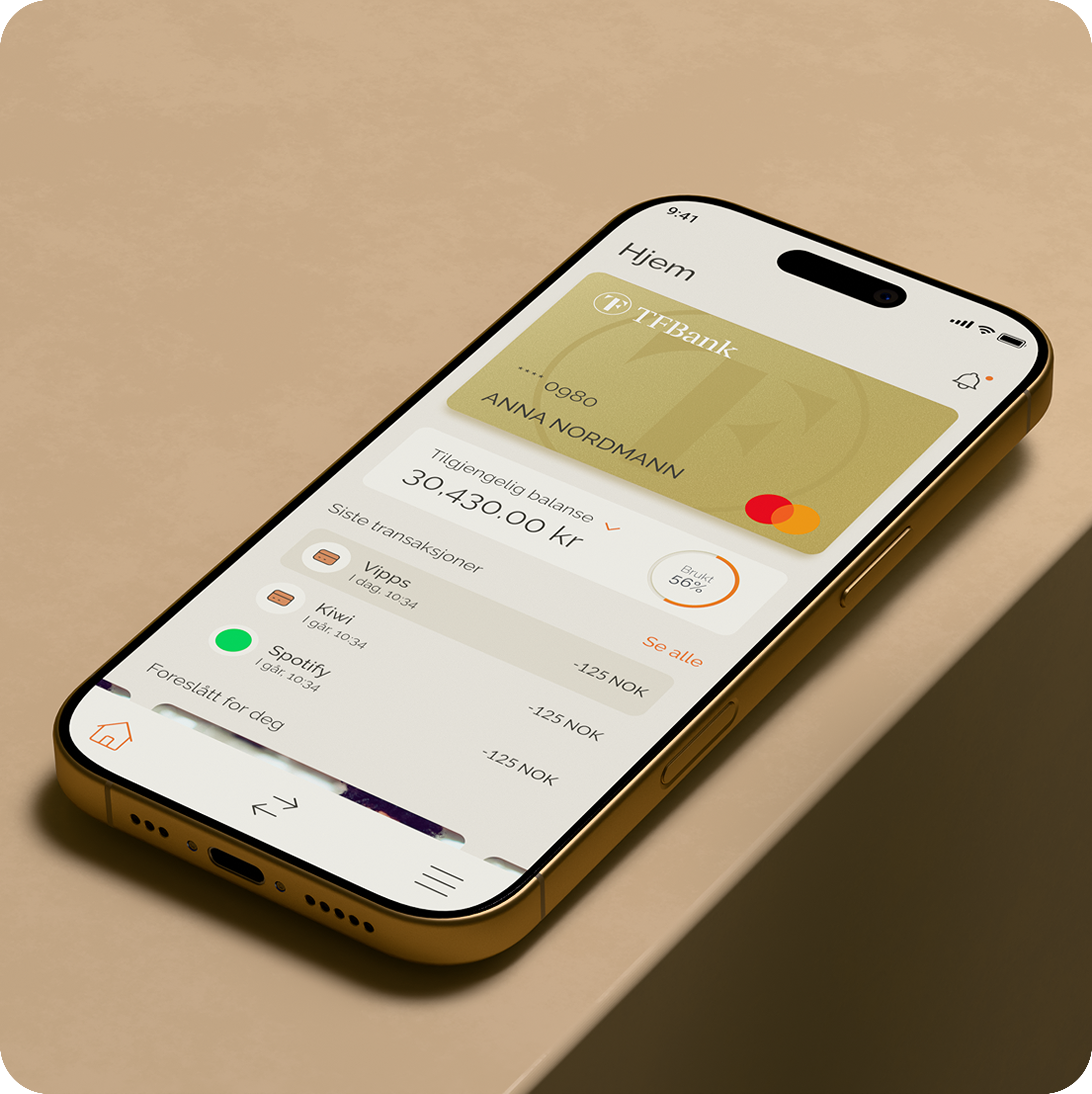 oversikt over forsiden i tf bank-appen